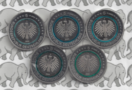 Duitsland serie 5 euromunten 2020 "subpolaire zone" (turquoise ring, alle letters A, D, F, G en J)