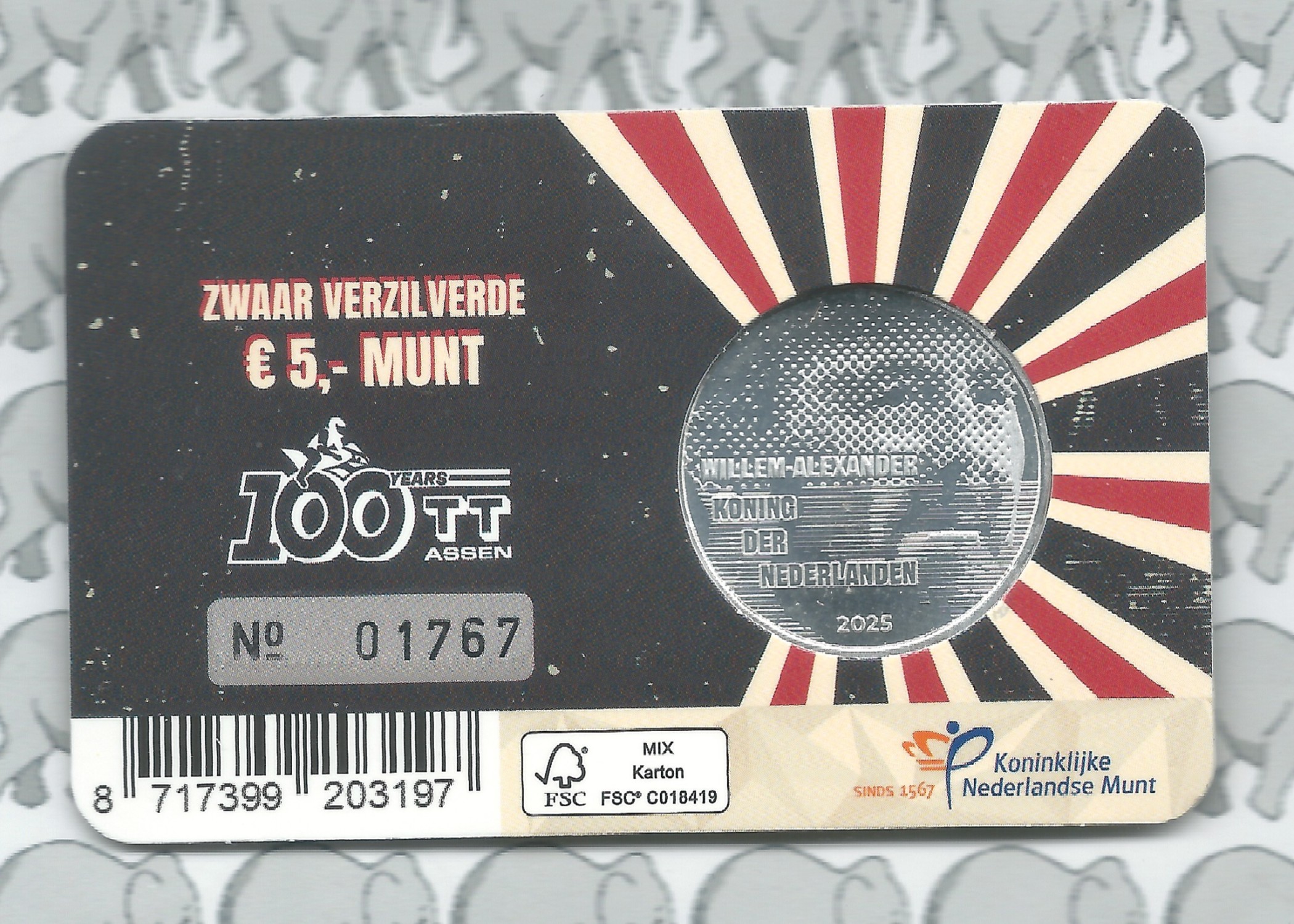Nederland 5 euromunt 2025 (55e) "100 jaar TT Assen Vijfje" (1e dag van uitgifte coincard in envelopje)