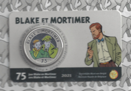 2 xBelgië 5 euromunt 2021 "75 jaar Blake en Mortimer", reliëf en kleur BU in coincard