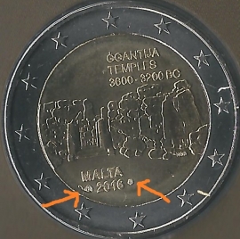 Malta 2 eurocoin CC 2016 "Megalithische tempels van Ggantija", with mintmark Monnaie de Paris.