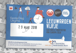 Nederland 5 euromunt 2018 (37e) "Leeuwarden vijfje" (1e dag van uitgifte coincard in envelopje)