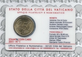 Vaticaan 50 eurocent 2011 in coincard met postzegel, nummer 1