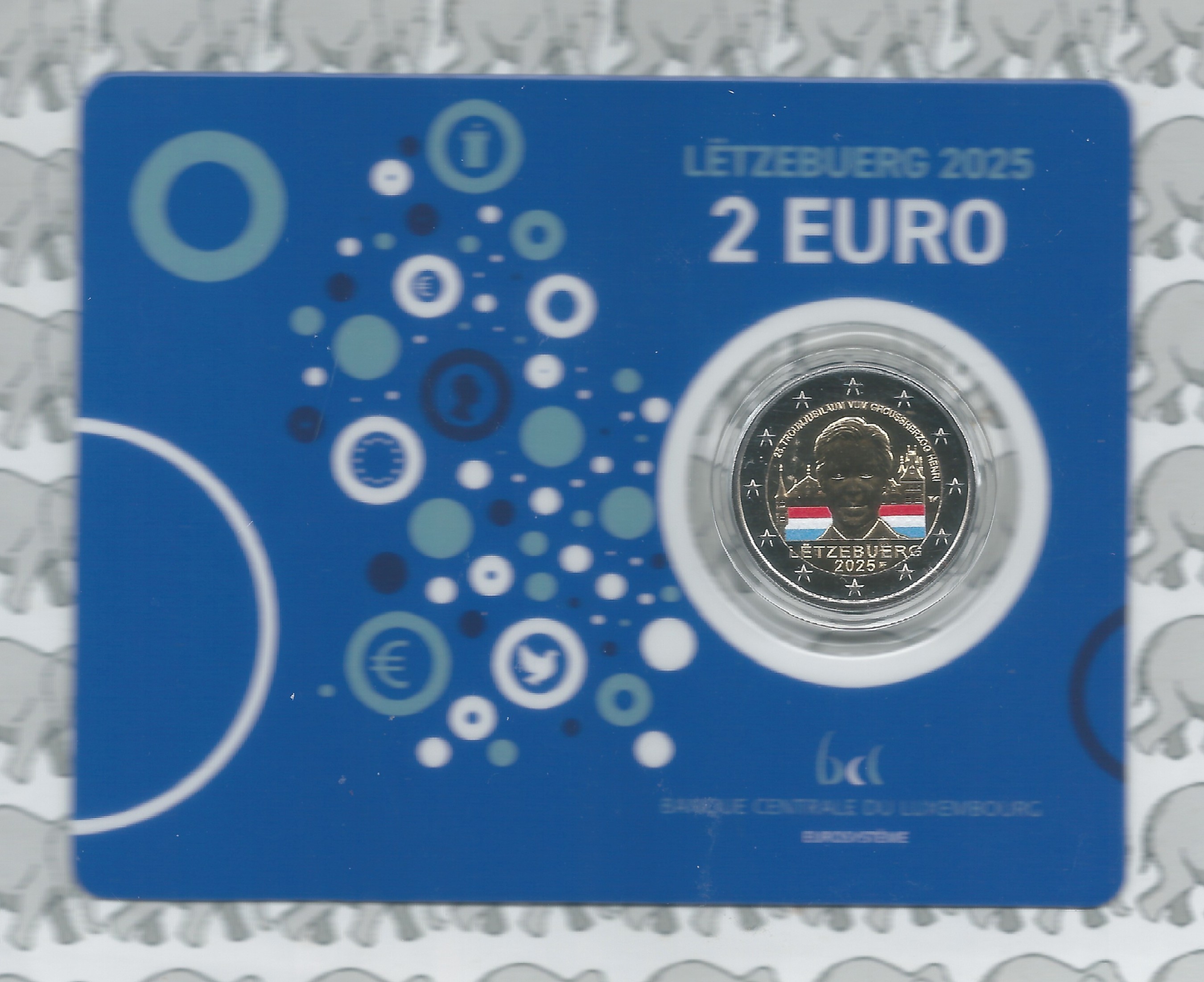 Luxemburg 4 x 2 euromunt CC 2025 in coincard. 2 x "25 Jaar Groothertog Hendrik op de Troon" en 2 x "75 Jaar Schuman Verklaring". Ieder 1 x zonder kleur en 1 x met kleur.