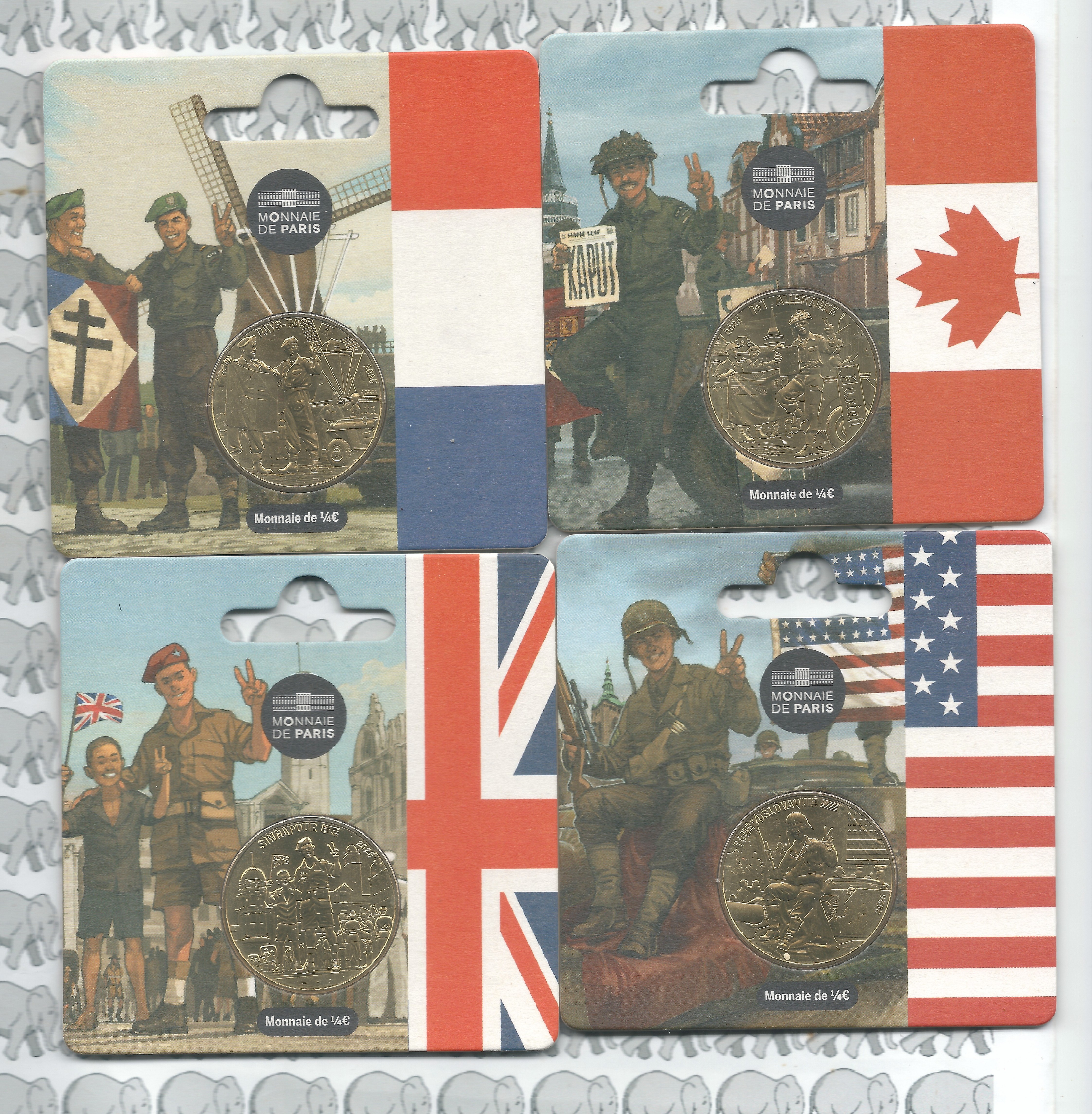 Frankrijk 4 x 0,25 euromunten 2025 "80 jaar VE-day" in vierkante coincards