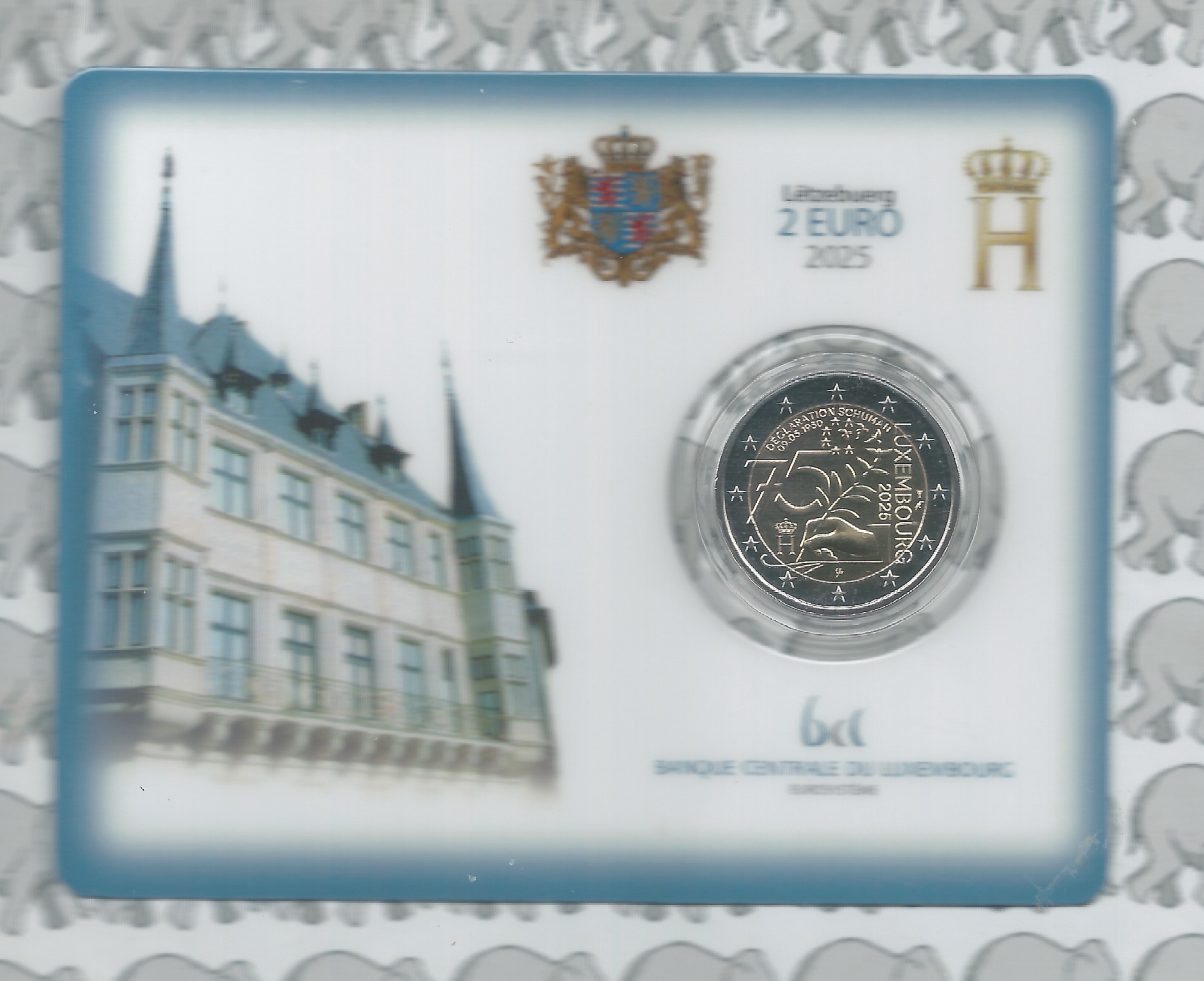 Luxemburg 4 x 2 euromunt CC 2025 in coincard. 2 x "25 Jaar Groothertog Hendrik op de Troon" en 2 x "75 Jaar Schuman Verklaring". Ieder 1 x zonder kleur en 1 x met kleur.