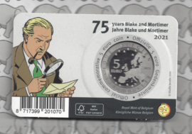 2 xBelgië 5 euromunt 2021 "75 jaar Blake en Mortimer", reliëf en kleur BU in coincard