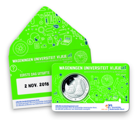 Nederland 5 euromunt 2018 (40e) "Wageningen Universiteit vijfje" (1e dag van uitgifte coincard in envelopje)