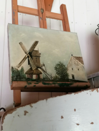 Vintage schilderijtje op doek met molen.