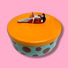 Dooie mus koektrommel aqua/bruin gestipt geel deksel
