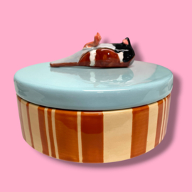Dooie mus koektrommel beige/bruin gestreept aqua deksel