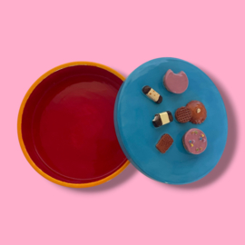 Koekjes koektrommel oranje gegolfd blauw deksel