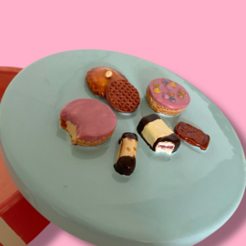 Koekjes koektrommel ivoor/koraal gestreept lichtblauw deksel