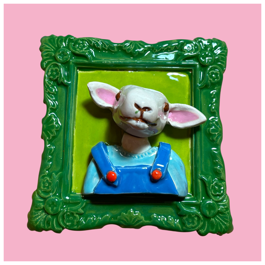Schilderijtje van keramiek schaap Gerrit