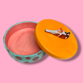 Dooie mus koektrommel aqua/bruin gestipt geel deksel