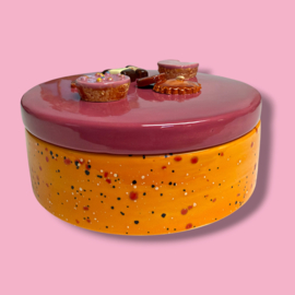 Koekjes koektrommel oranje gespikkeld bordeaux  deksel