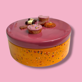 Koekjes koektrommel oranje gespikkeld bordeaux  deksel