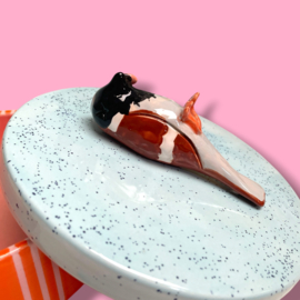 Dooie mus koektrommel oranje/roze gestreept lblauw gespikkeld deksel