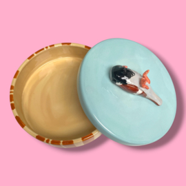 Dooie mus koektrommel beige/bruin gestreept aqua deksel