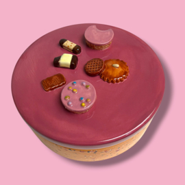 Koekjes koektrommel oranje gespikkeld bordeaux  deksel