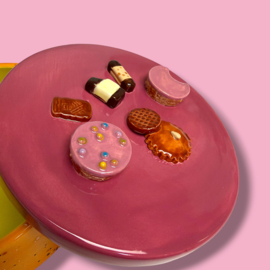 Koekjes koektrommel oranje gespikkeld bordeaux  deksel