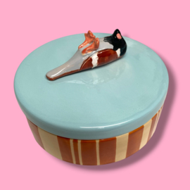 Dooie mus koektrommel beige/bruin gestreept aqua deksel