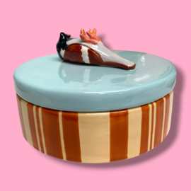 Dooie mus koektrommel beige/bruin gestreept aqua deksel