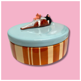 Dooie mus koektrommel beige/bruin gestreept aqua deksel