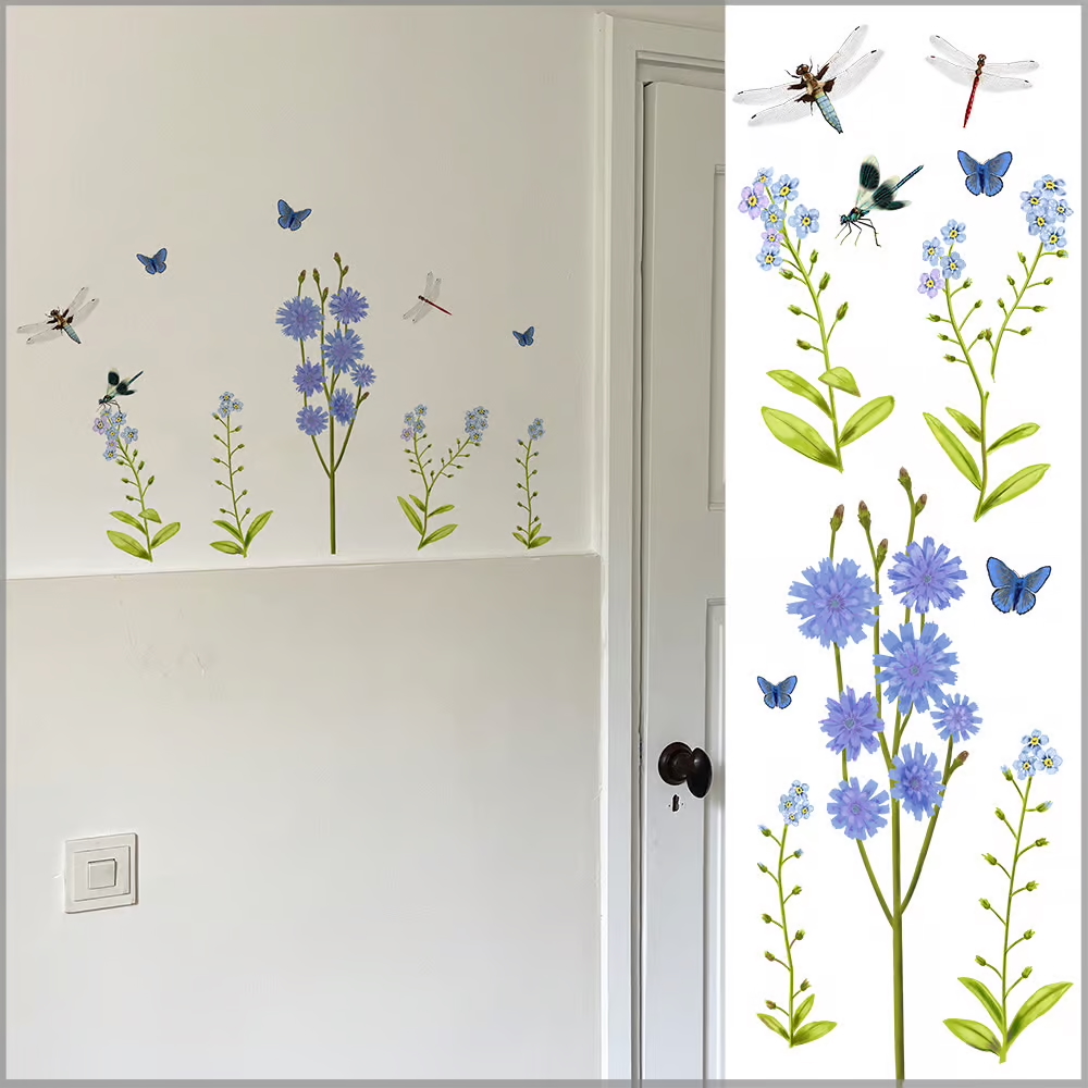 Wilde Bloemen in Blauw Muurstickers