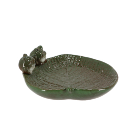 Ceramic leaf shaped bird bath with frogs