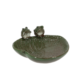 Ceramic leaf shaped bird bath with frogs