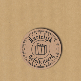 5 Hartelijk gefeliciteerd stickers rond 3,5 cm kraft