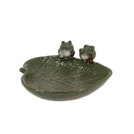 Ceramic leaf shaped bird bath with frogs