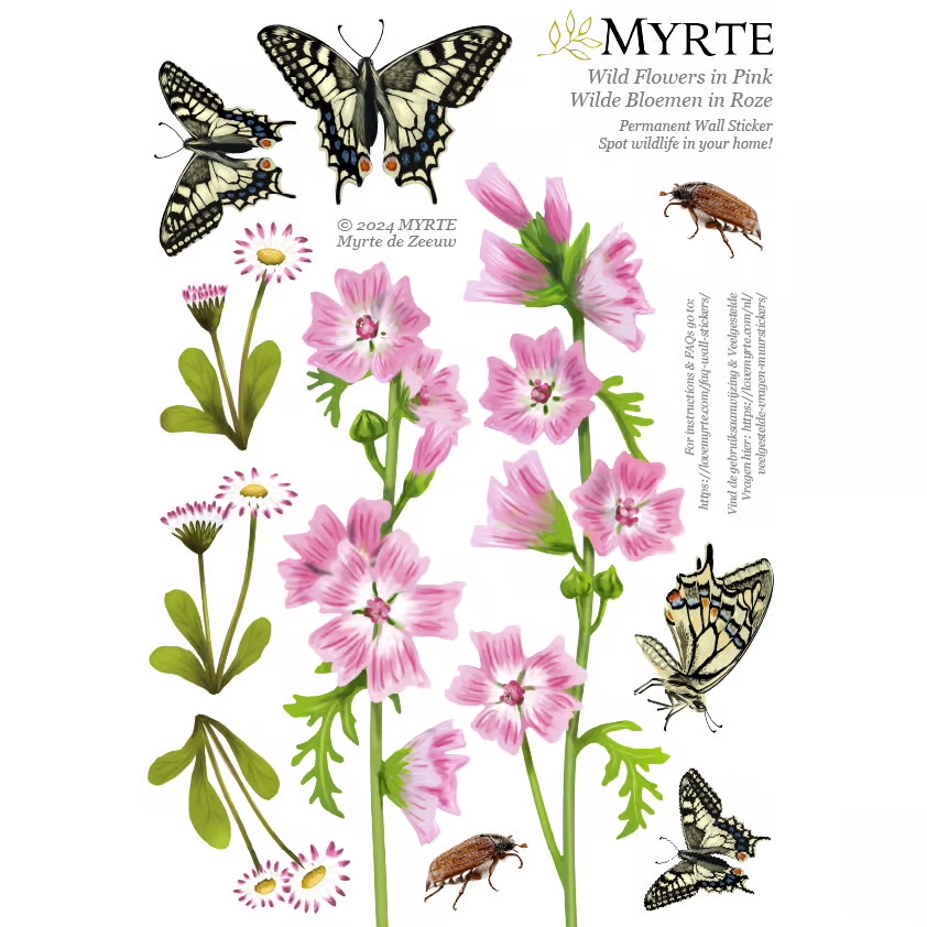Wilde Bloemen in Roze | Muur-, Camperstickers
