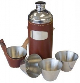 Jachtfles  - bruin leder - set van 4 cups