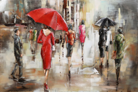 Metalen 3-d schilderij (  Dames in regen met paraplu )