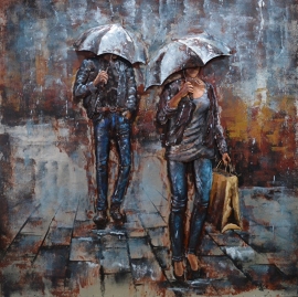 Metalen 3-D  Schilderij  (    man en vrouw in regen met paraplu )