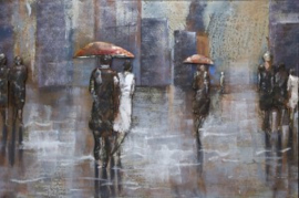 Metalen 3-D schilderij ( mensen met paraplu in regen )