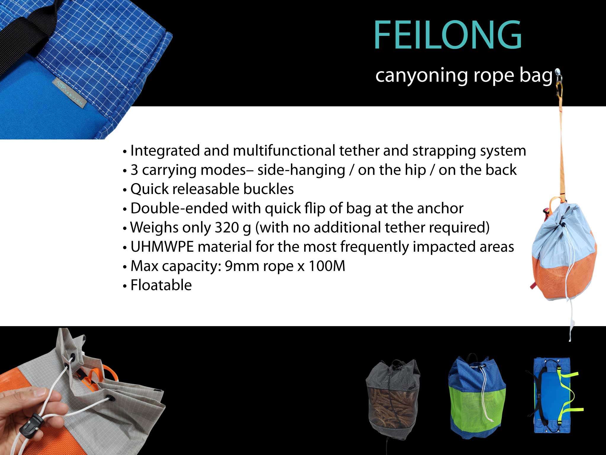 TEBYLON FEILONG canyoning touwtas met dubbele uiteinden