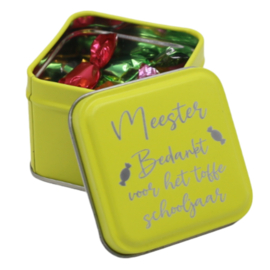 Vierkant blikje met bedankt voor het toffe schooljaar meester