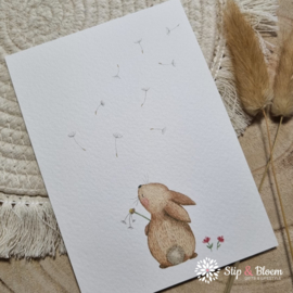 Appeloogje ansichtkaart - konijn met paardebloem