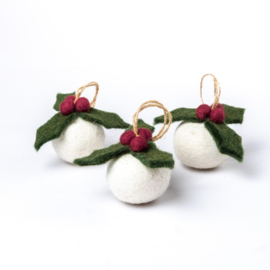 Vilten kerstballen Small 3D - Holly Berry - per 3