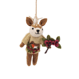 Vilten hanger hert met roodborstje - beige