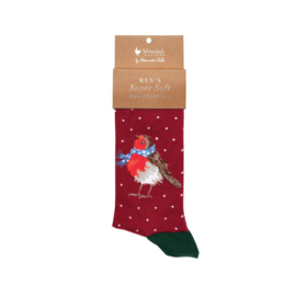 Wrendale Kerst herensokken "Season's Tweetings" - roodborstje