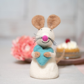 Vilten figuur - muis met hart - turquoise