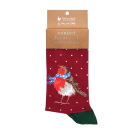 Wrendale Kerst sokken "Season's Tweetings" - roodborstje