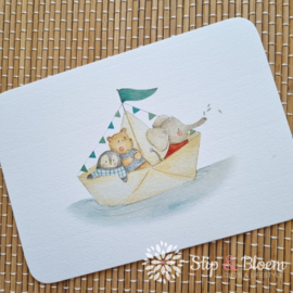Mijksje ansichtkaart - gevouwen boot met diertjes