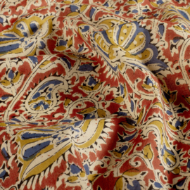 katoen Print - Voile - Batik -  Flowers   - Ochre Red Blue