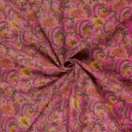 katoen Print - Voile - Batik -  Indien Flowers    - Pink Yellow