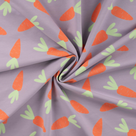 Qjutie - French Terry Print   - Carrots - Lavender