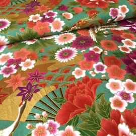 Japanese Floral Print |Tsuru to hana, fan - Green - Cotton